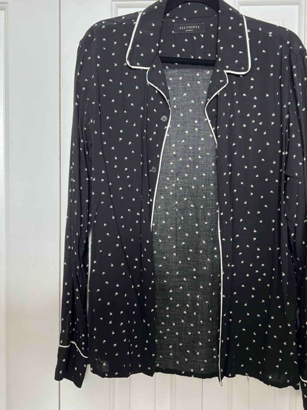 AllSaints Black Button-Front Shirt with White Micro Dot Print